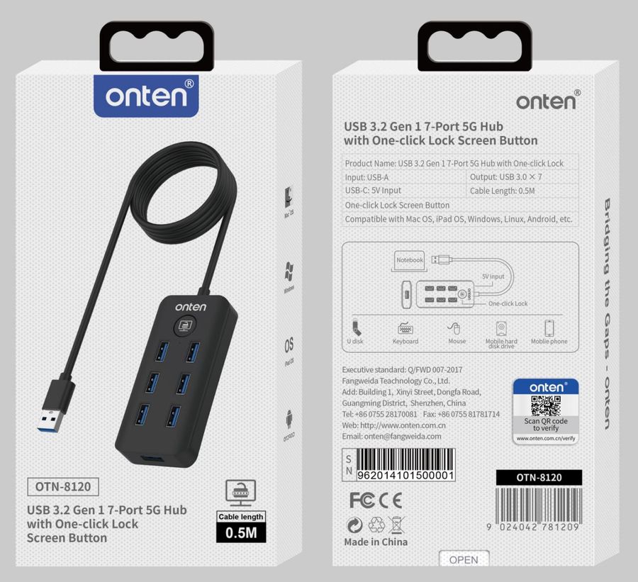 ONTEN OTN-8120 USB 3.2 Gen 1 7-Port 5G Hub with One-click Lock Screen Button