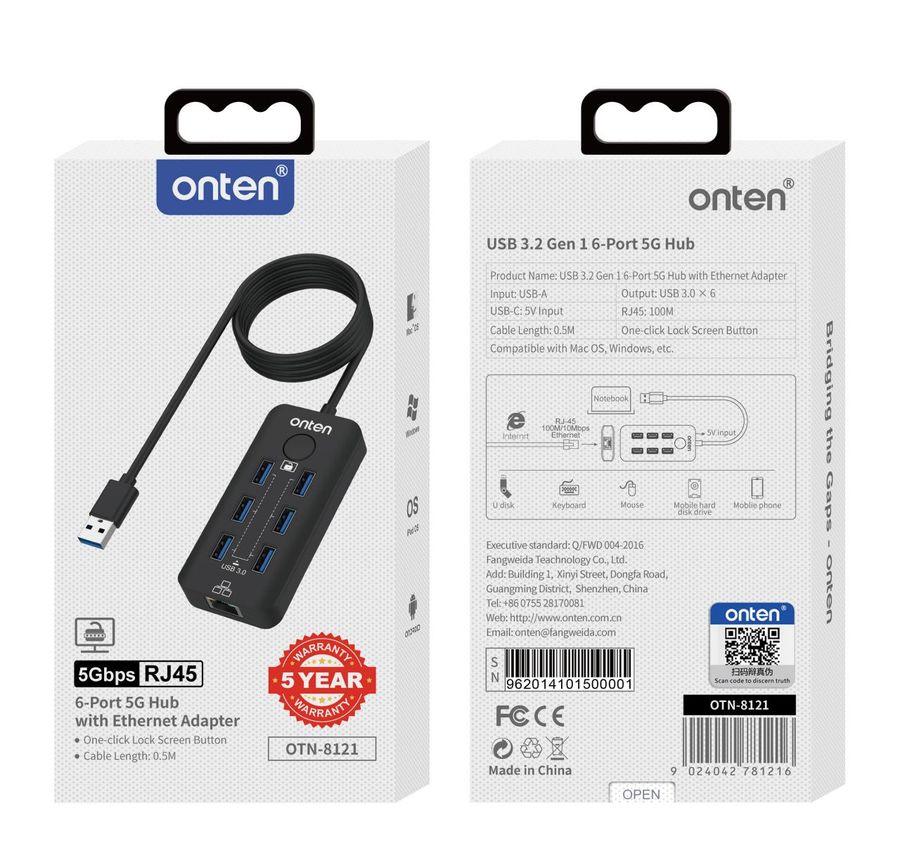 ONTEN OTN-8121 USB 3.2 Gen 1 6-Port 5G Hub with Ethernet card and One-click Lock Screen Button 6