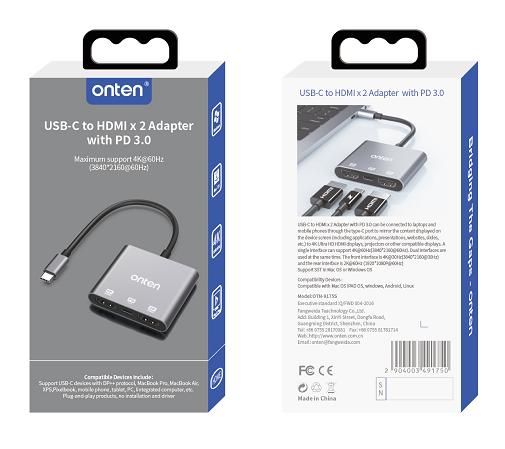 ONTEN OTN-9175S 3-in-1 USB-C to HDMI x 2 Adapter with PD 3.0 100W