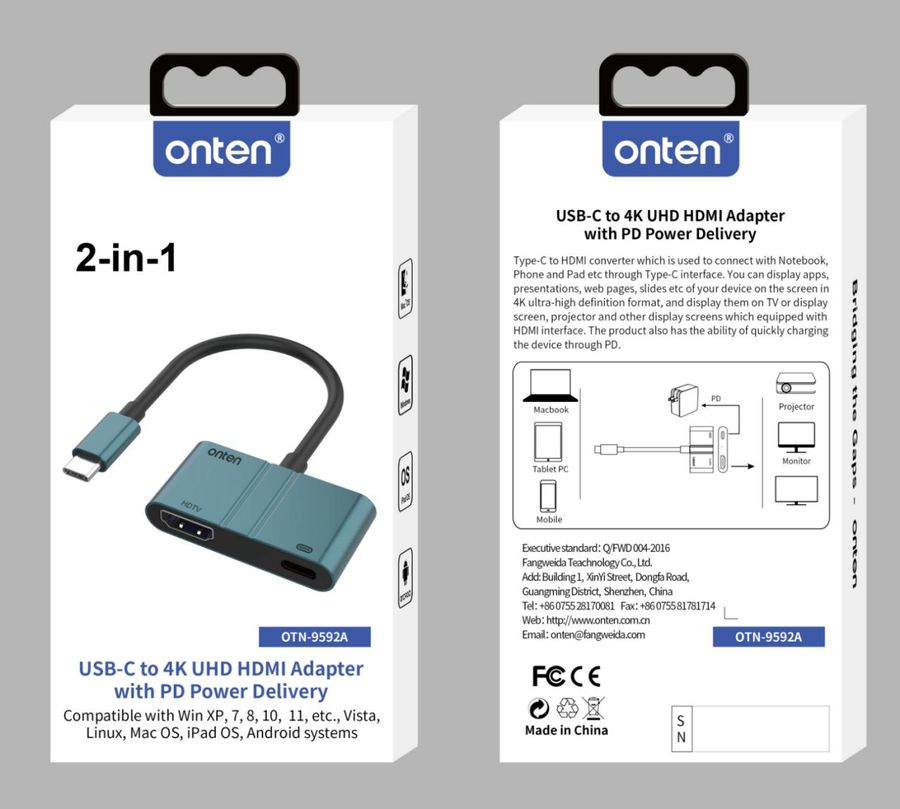 ONTEN OTN-9592A 2-in-1 USB-C to HDMI PD female to