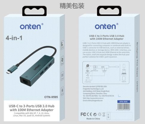 ONTEN OTN-9595 USB-C to 3-Ports USB 3.0 Hub with 100M Ethernet Adapter