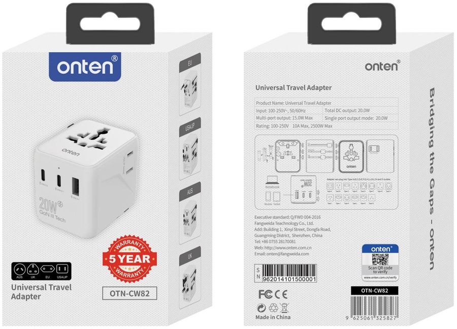 ONTEN OTN-CW82 Universal Travel Adapter 20W/100- 250VAC/10A/2C+1A