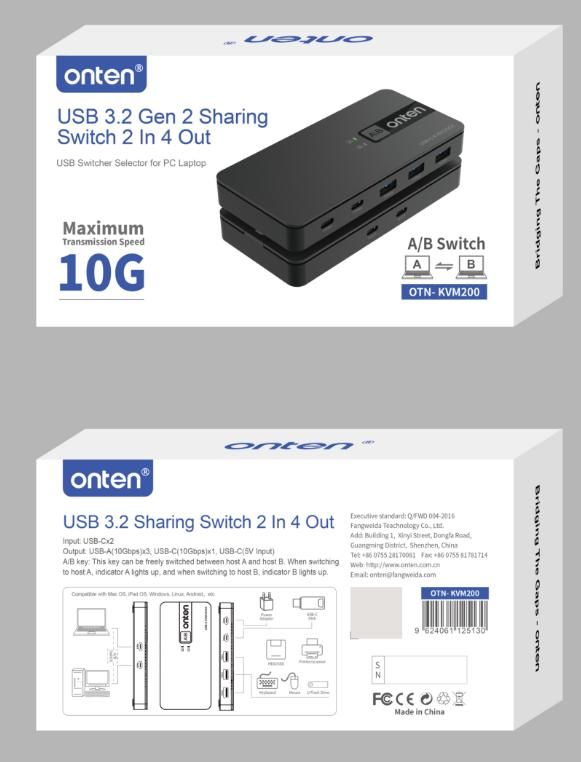 ONTEN OTN-KVM200 2 Computers Share 4 USB 3.2 GEN 2 Ports , (USB- A*3+USB-C*1) USB Switcher Selector for PC Laptop 2
