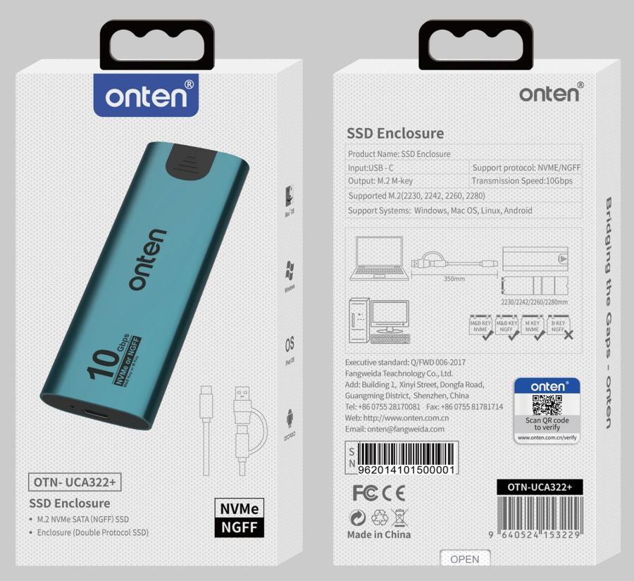 ONTEN OTN-UCA322+ M. 2 (10Gbps) NVMe/NGFF Protocol SSD Enclosure M.2(10Gbps) NVMe/NGFF