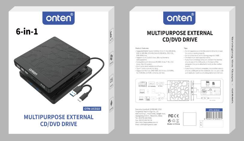 ONTEN OTN-UCD23 USB- A*2(480M)+SD/TF Multi-Purpose External CD/DVD Drive